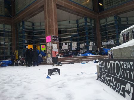 Black Lives Matter occupation of police headquarters after another cold night. April 4, 2016.