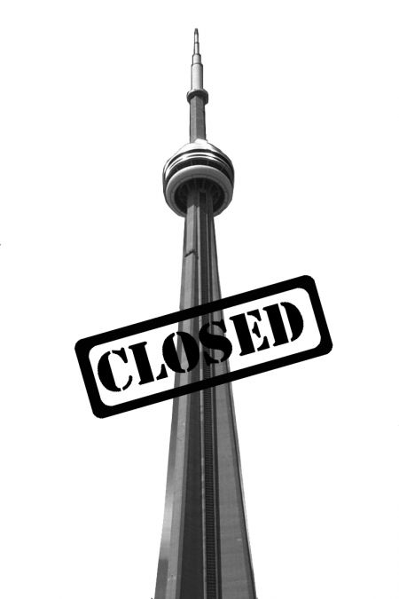 The closed buildings include the AGO, the Rogers Centre (home to the Blue Jays), and the CN Tower.