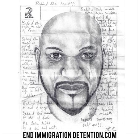 Self-portrait and poem by R. R., who is on hunger strike in immigration detention