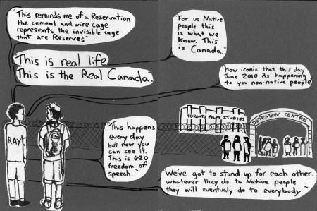 Illustration of interview outside the Temporary Detention Centre under imminent threat of arrest with Ray, and indigenous woman. (Megan Kinch)