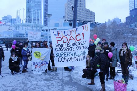 The "welcoming committee" outside, as well as the spoof pamphlet, targetted some of PDAC's worst sponsors