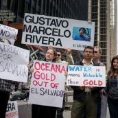 Protestors present at the tribunal denounced OceanaGold's lawsuit for attempting to rob El Salvador and punish an entire country for trying to protect its water.