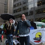 Clayton Thomas-Muller, of the Mathias Colomb Cree Nation, addresses the crowd outside Hudbay Mineral's AGM in Toronto.