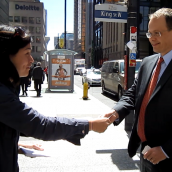 Direct outreach to investors took place on the corner of Bay and King in downtown Toronto with informative fliers about how they could get in on a $6 billion class action against Barrick