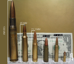 A .50 cal cartridge is the furthest to the left, while the 7.62mm cartridge is the third from the right.