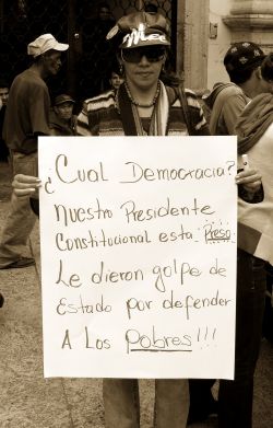 Nov. 27, 2009 - A protestor holds a sign that asks, "what democracy?"