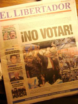 Nov. 29, 2009 - "Election" day in Honduras.  The El Libertador newspaper, published from a secret location after its equipment and staff were harassed, attacked and even assassinated, encourages people to boycott the election.