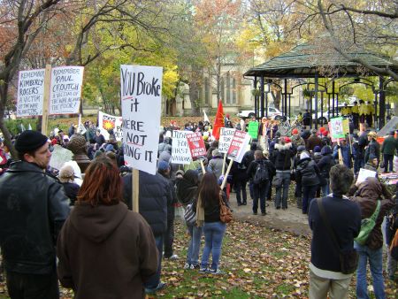 Protestors gather in St. James Park.  PHOTO - Enid Godtree