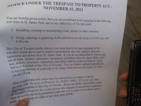 Occupy Toronto Eviction Notice