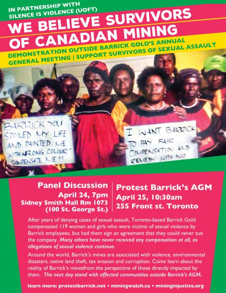 Poster for this year's AGM protest and panel "We Believe Survivors of Canadian Mining"